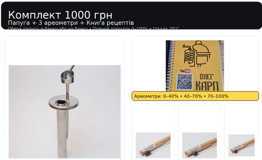 Комплект «Папуга + 3 ареометри + книга рецептів» — контроль міцності та готові рецепти за 1000 грн